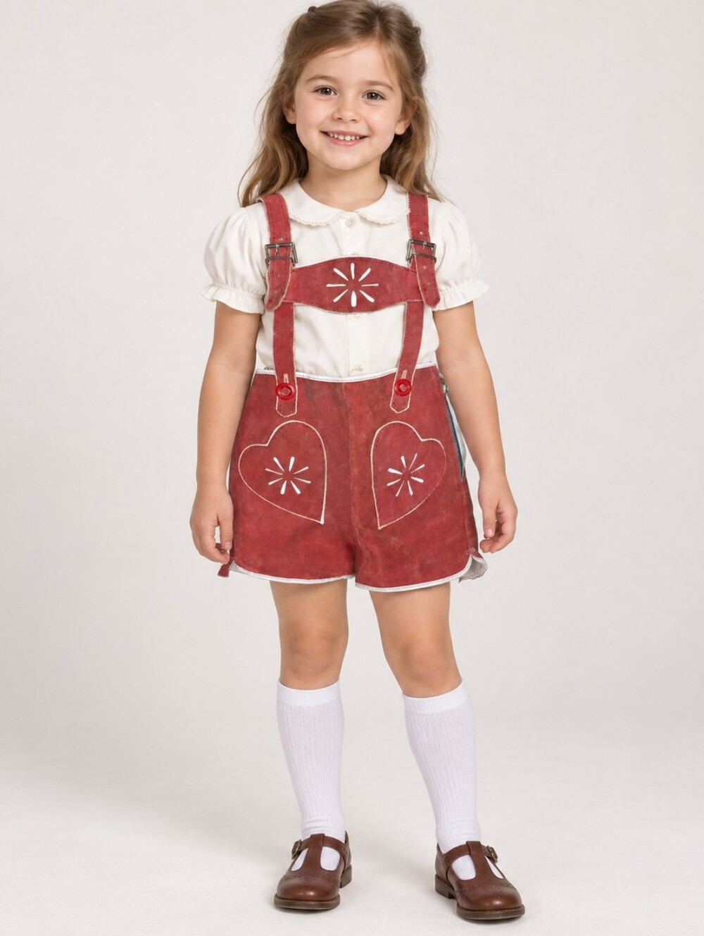 Vtg Girls Red Suede Lederhosen Shorts Alpine Trachten Heart Pockets M 3T 4T